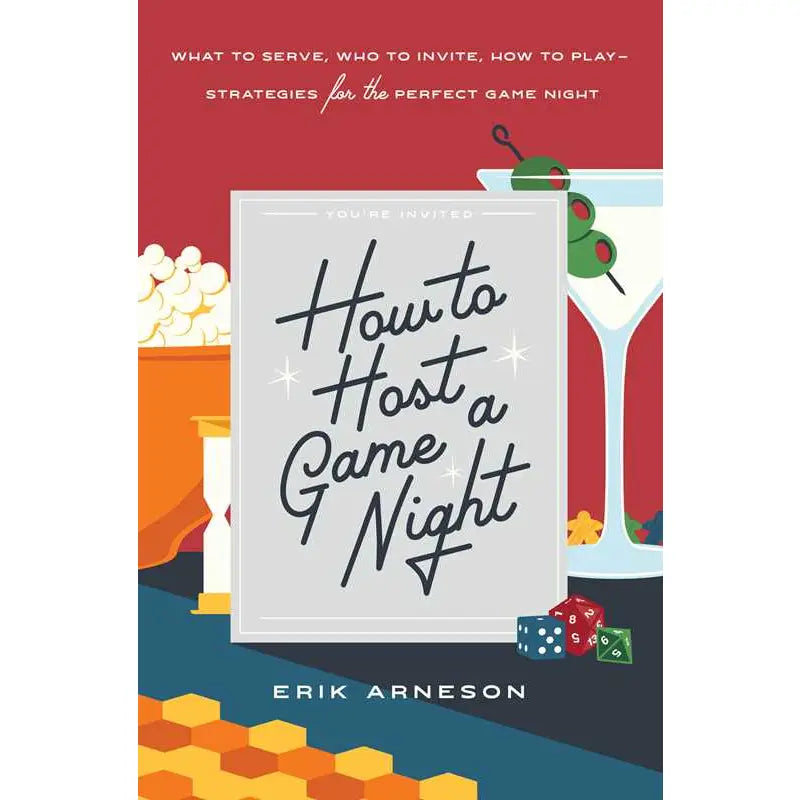 How to Host a Game Night book cover with illustrations of snacks, dice, board games, and a martini.