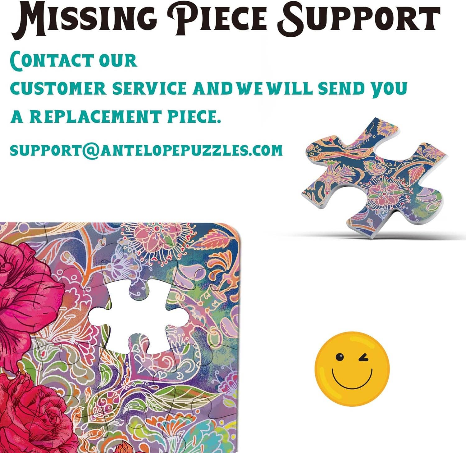 Mandalic Rose 1000 piece puzzle with colorful design, missing piece information, and a winking smiley on box.