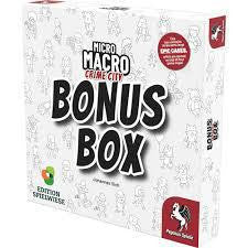 Micro Macro Crime City Bonus Box, white packaging with cartoon line art and labeled as containing bonus cases.