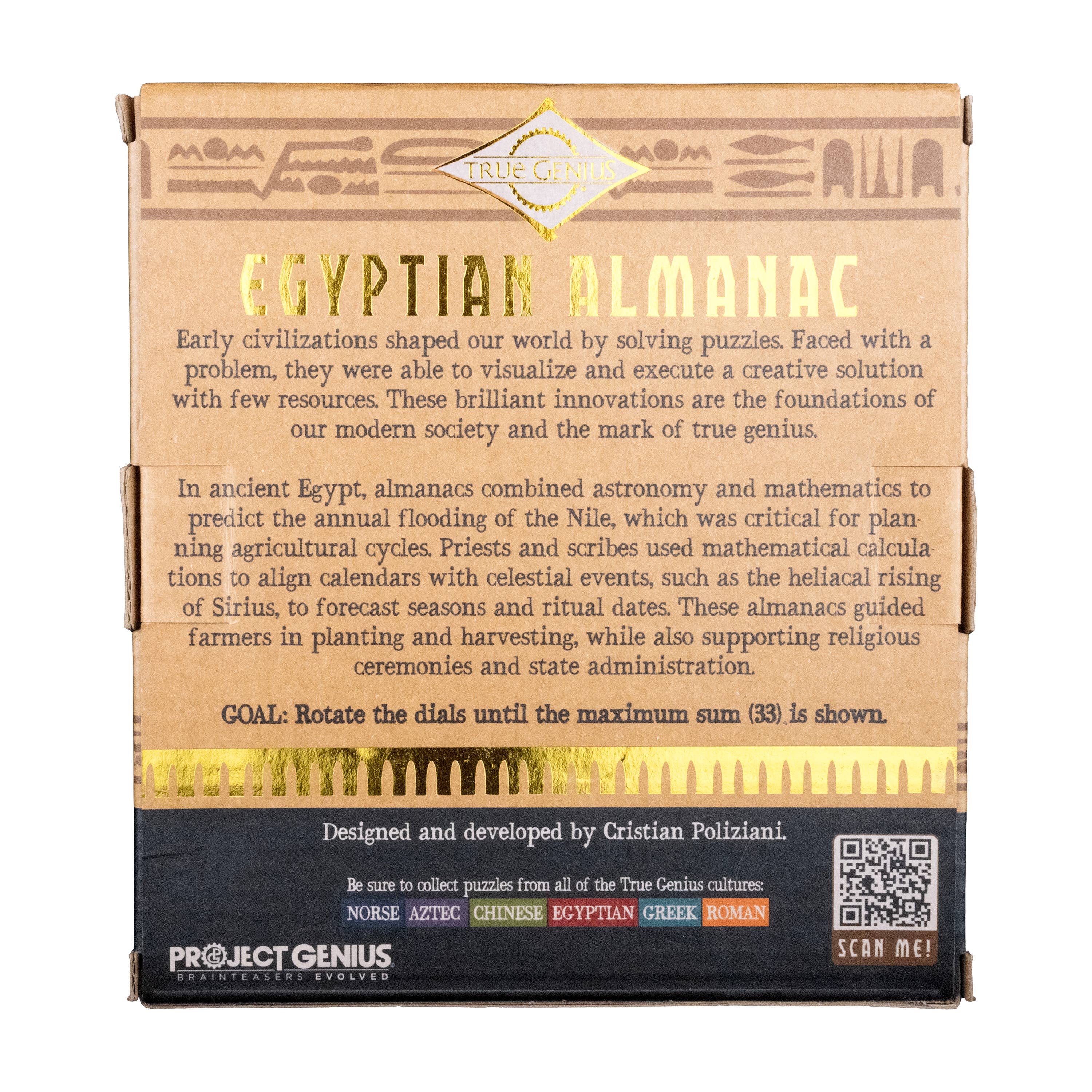 Egyptian Almanac Mathematical Brainteaser box with wooden puzzle and instructions on the back.