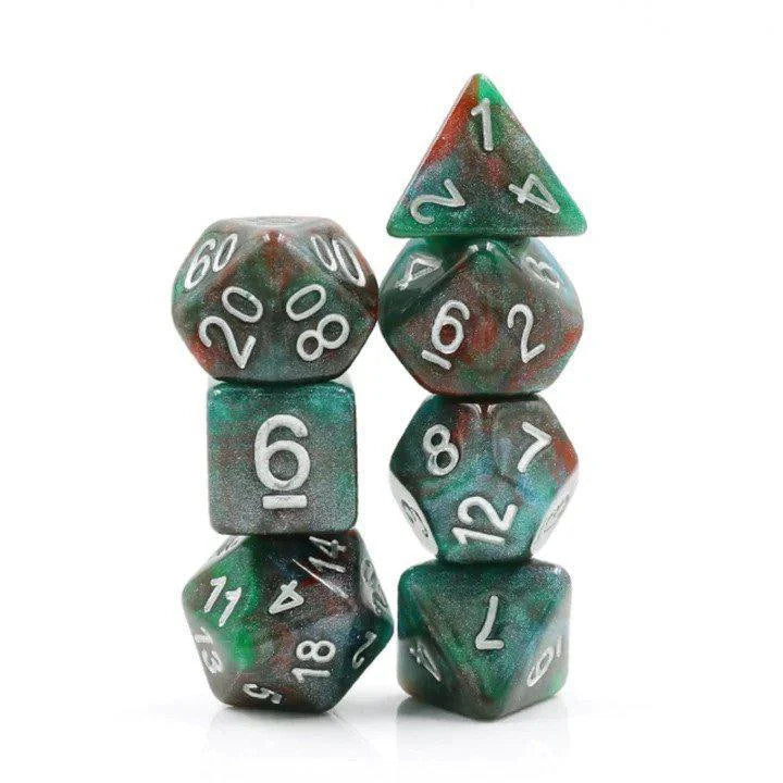 Bloodstone RPG Dice Set of seven green and red resin dice with white numbers, stacked in two columns.