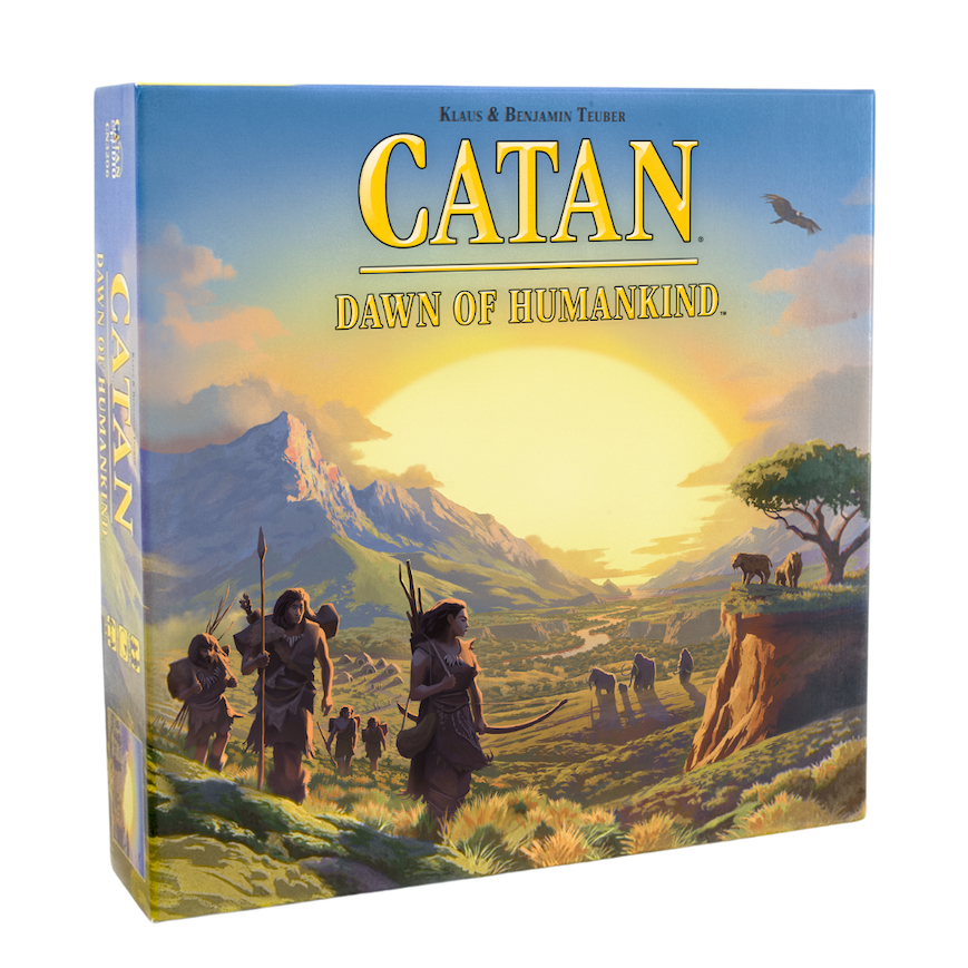 CATAN: Dawn of Humankind board game box featuring prehistoric people and animals.