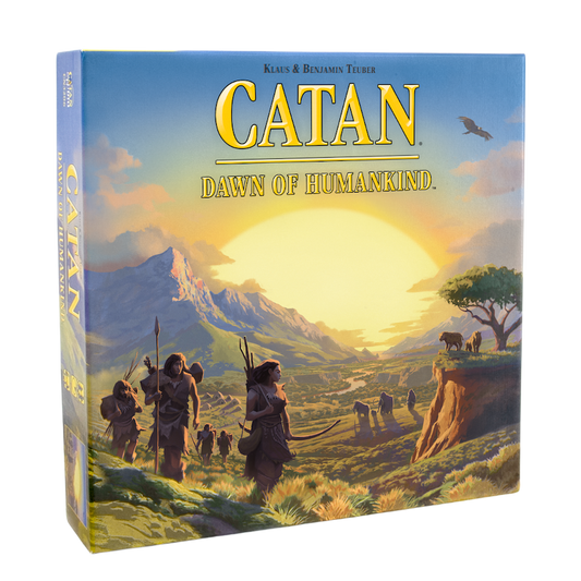 CATAN: Dawn of Humankind board game box featuring prehistoric people and animals.