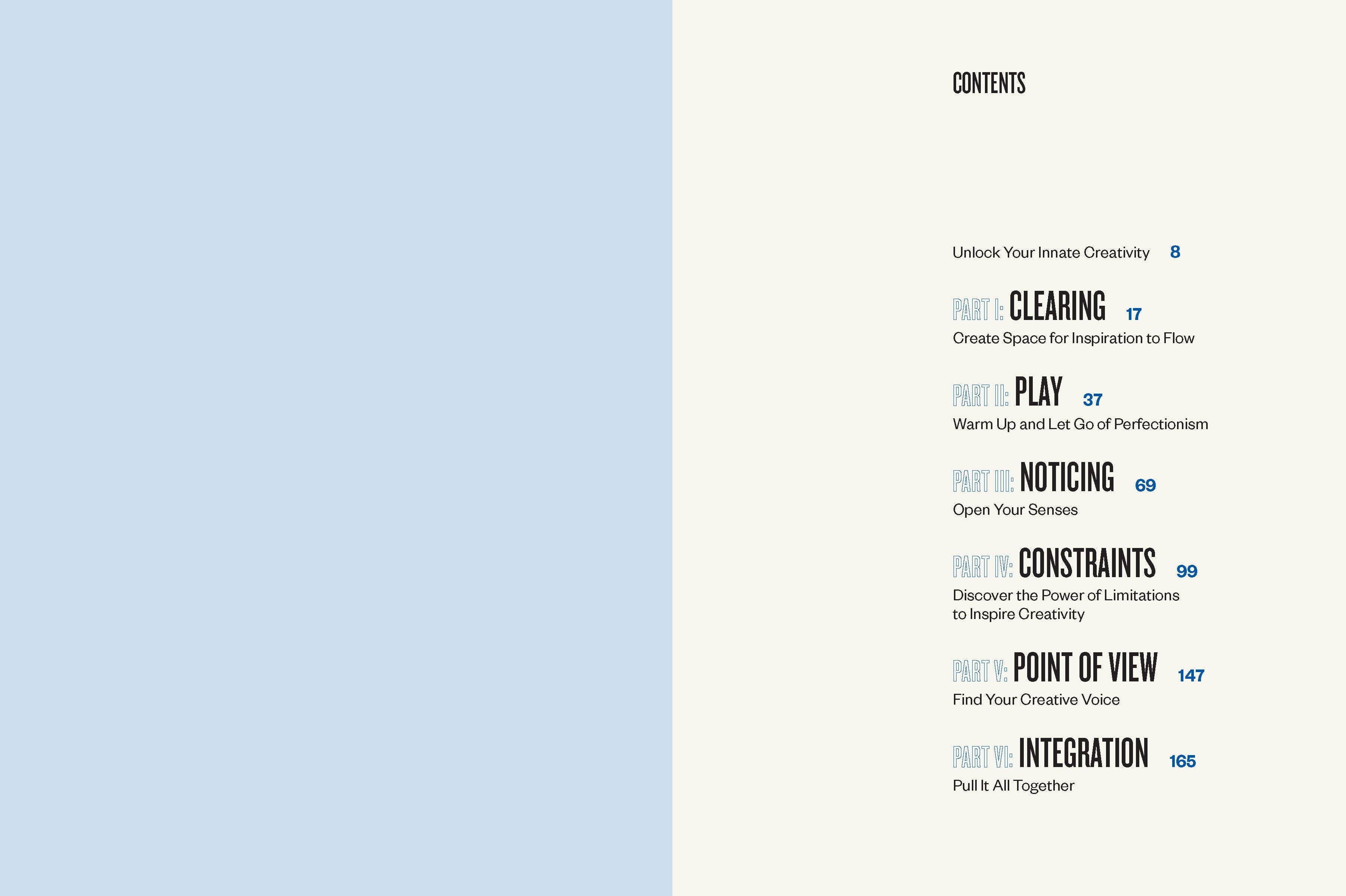 Daily Creative contents with 8 practices: PLAY p.37, NOTICING p.69, POV p.147, All Together p.165.