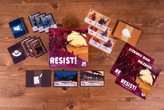 Resist card game components including cards, tokens, and rulebooks inspired by the Spanish Civil War.