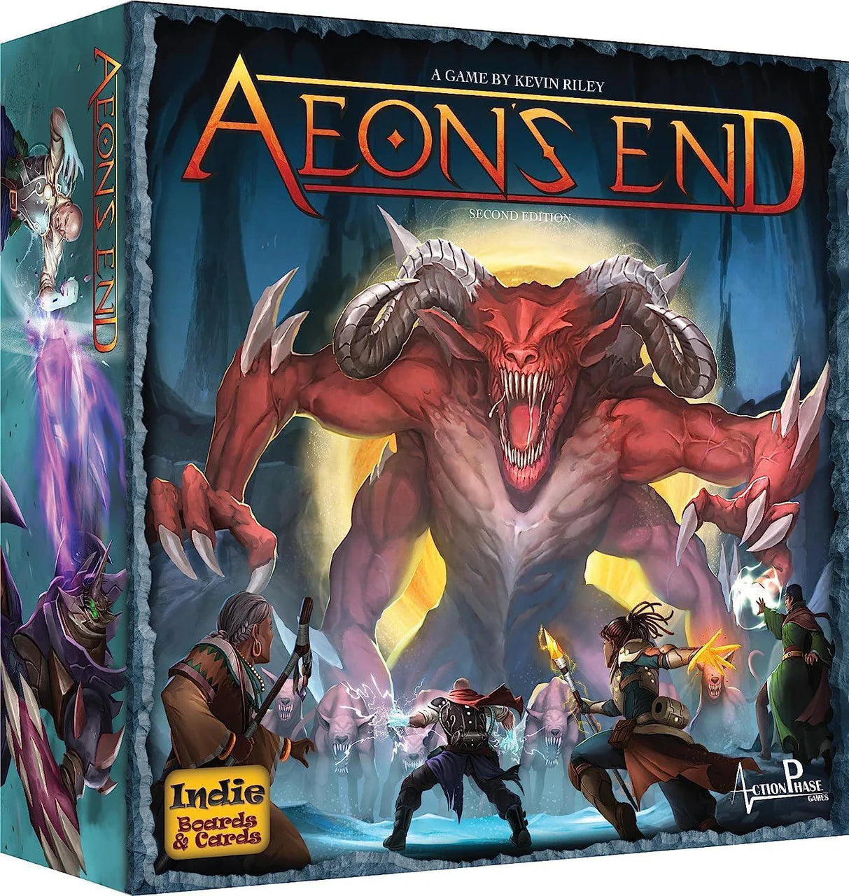 Aeons End (2nd Edition) game box featuring breach mages battling a large red demon with blue glowing eyes.