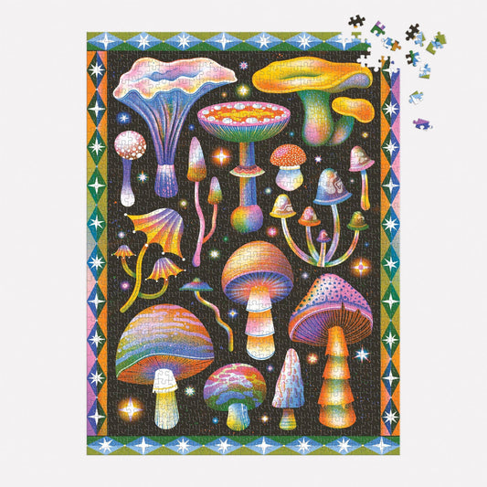 Cosmic Mushrooms 1000 Piece Puzzle with psychedelic mushroom artwork, partially assembled.