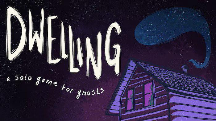 Cover for Dwelling, a narrative-driven horror game, featuring a purple house at night and bold title text.
