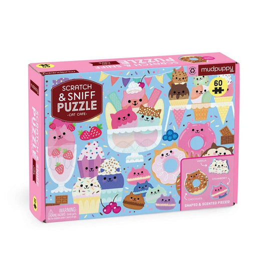 Cat Cafe 60 Piece Scratch & Sniff Puzzle, cat-themed and ice cream scented, by Mudpuppy.