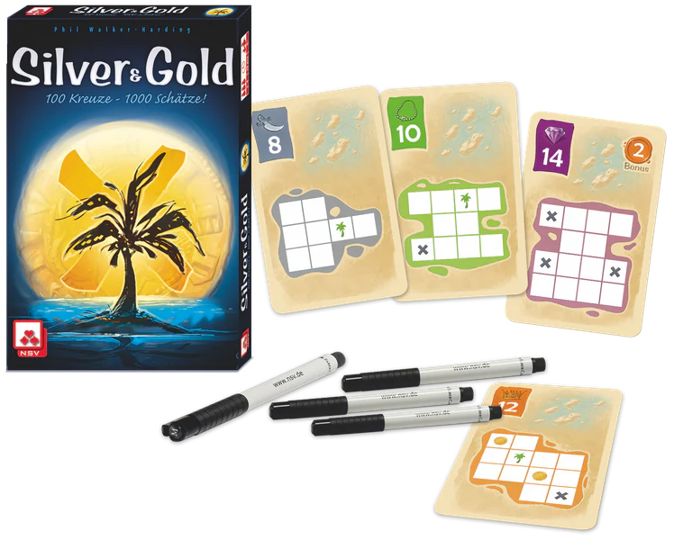 Silver & Gold game box with four cards and three black markers on a white surface.