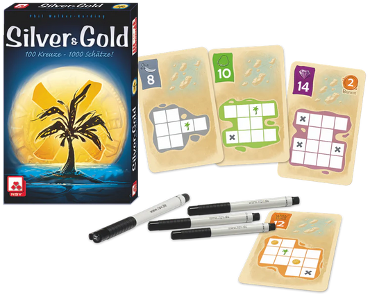 Silver & Gold game box with four cards and three black markers on a white surface.