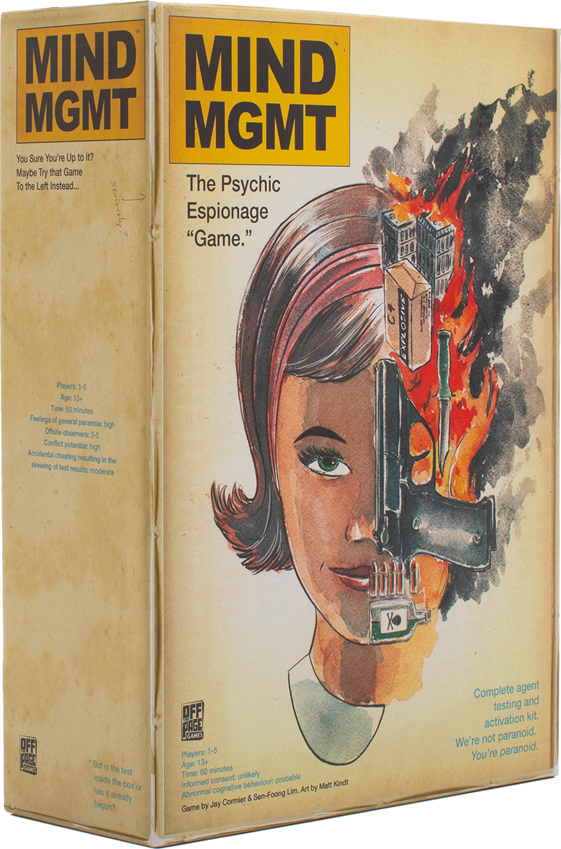 Box for MIND MGMT: The Psychic Espionage Game with stylized womans face and surreal espionage-themed imagery.