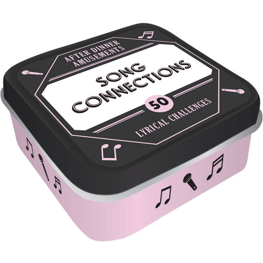 Pink and black tin labeled After Dinner Amusements: Song Connections party game.
