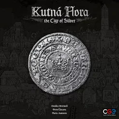 Kutna Hora: The City of Silver board game title with a silver medieval coin on a dark background.