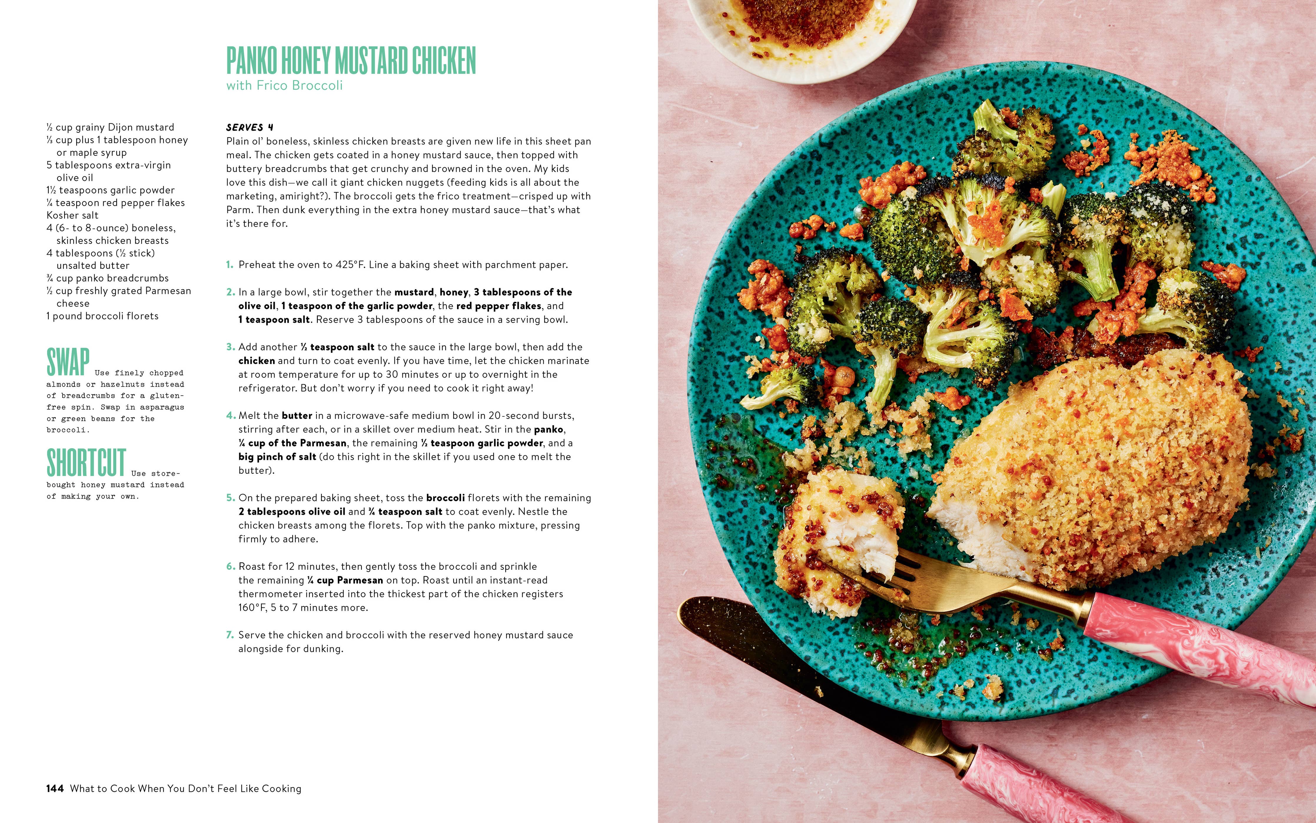 Honey mustard chicken, crispy broccoli, and crumbs from What To Cook When You Dont Feel Like Cooking dinner.