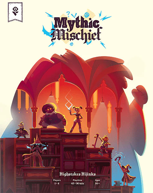 Mythic Mischief Volume I board game with fantasy library theme and asymmetric strategy gameplay.