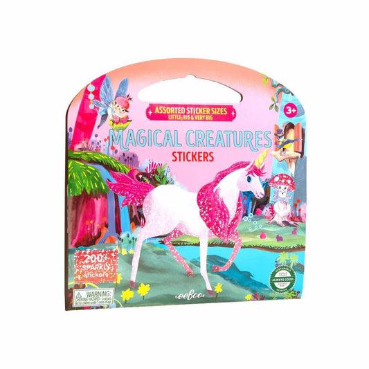 The Magical Creatures Shiny Sticker Book with magical animal stickers and a cover showing a pink unicorn and fairies.