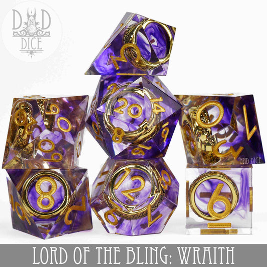 Lord of the Bling: Wraith handmade purple resin dice set with gold numbers for tabletop gaming.