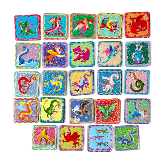Dragons Shiny Memory & Matching Game: 25 tiles, each with a unique mythical dragon on a decorative background.