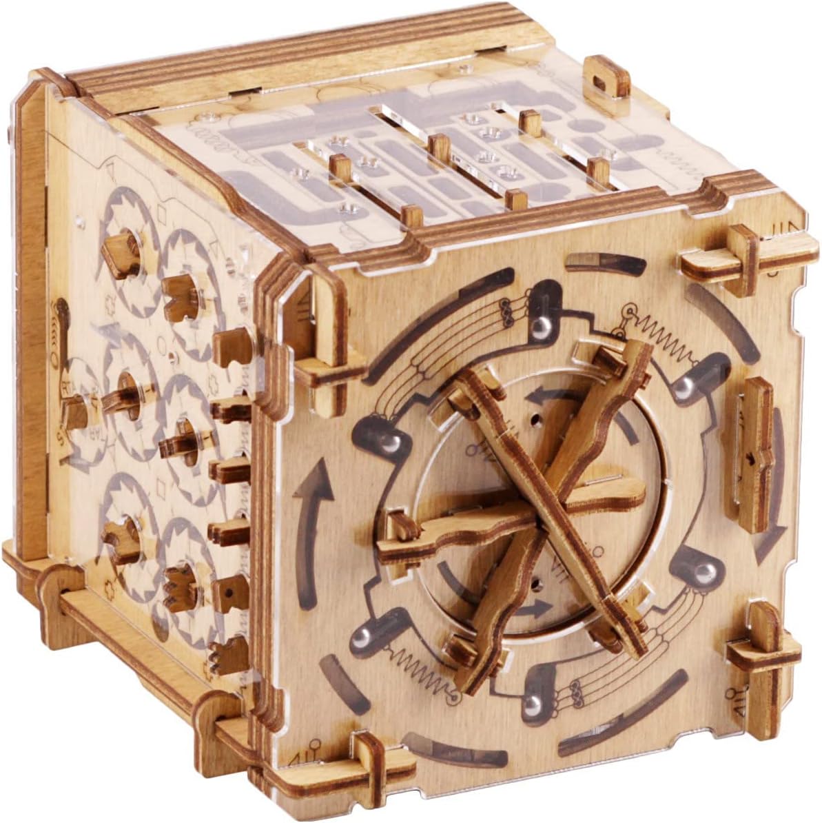 Cluebox Cambridge Labyrinth wooden puzzle box featuring gears, knobs, and arrows.