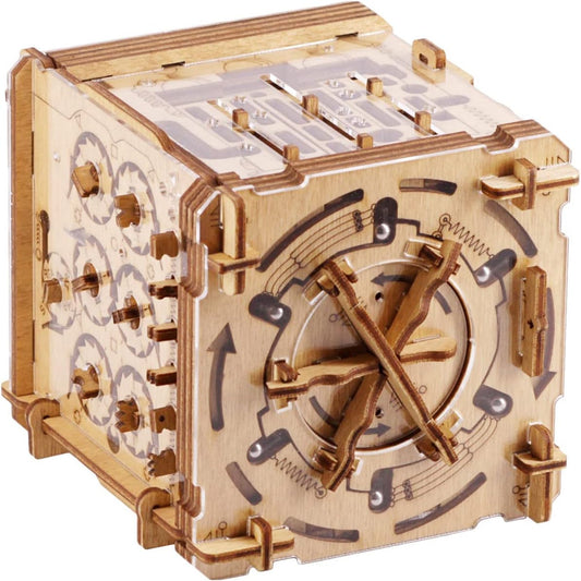 Cluebox Cambridge Labyrinth wooden puzzle box featuring gears, knobs, and arrows.