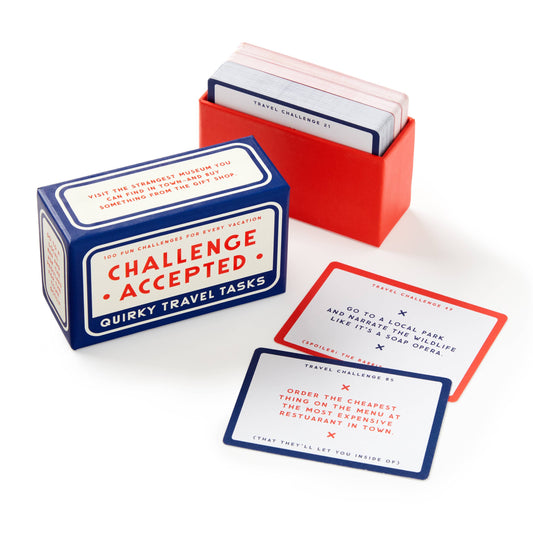 Brass Monkey Challenge Accepted Travel Tasks Card Deck in a red case.