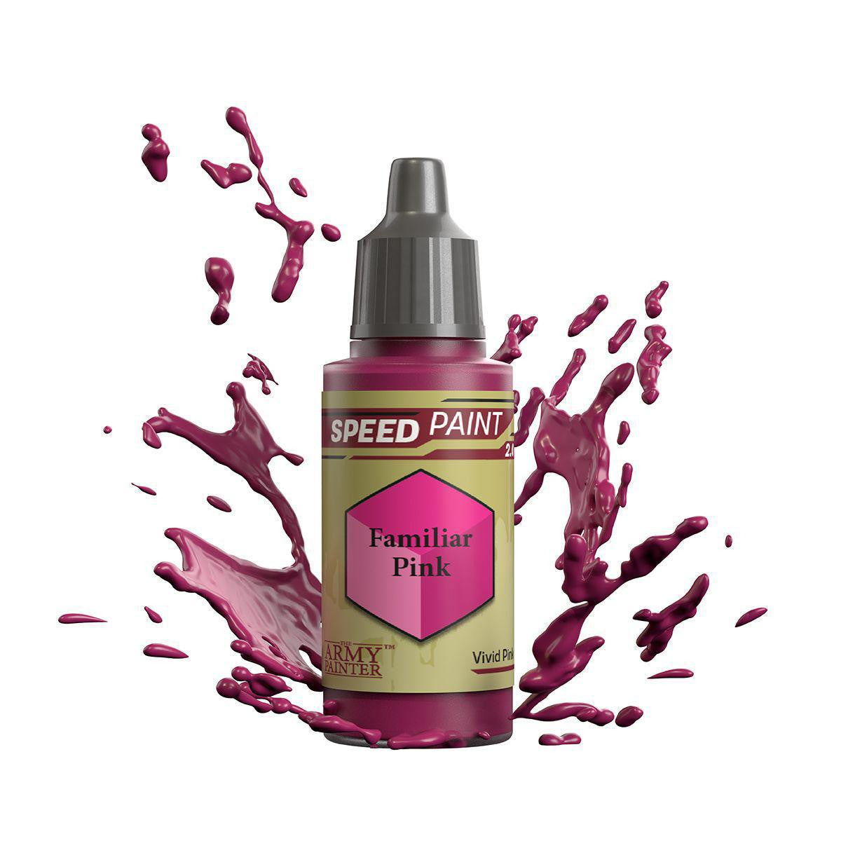 Army Painter Speedpaint Familiar Pink bottle with vibrant pink paint splashes, designed for miniatures.