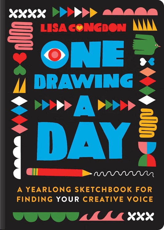 One Drawing A Day daily drawing journal with creative prompts and a colorful, bold geometric cover design.