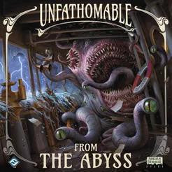 Unfathomable: From the Abyss Expansion featuring a sea monster attacking the SS Atlantica with lightning outside.