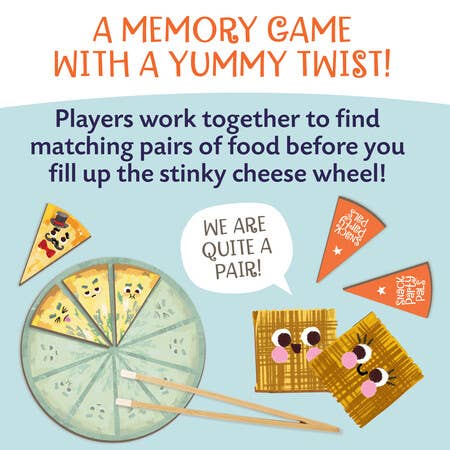 Snack Party Pals preschool memory game featuring pizza, crackers, and cheese pieces.