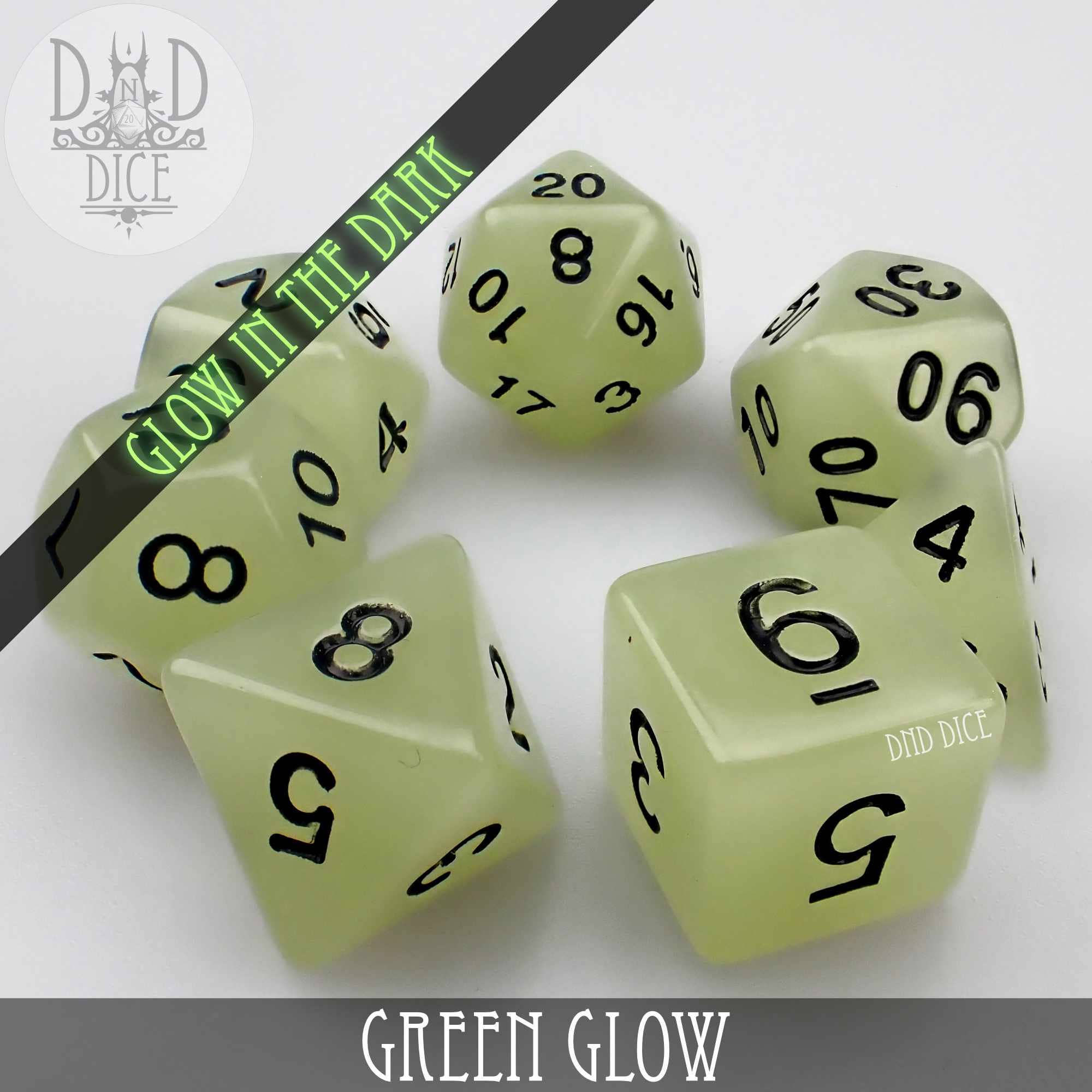 Six green glow-in-the-dark D&D dice with black numbers on a white background.