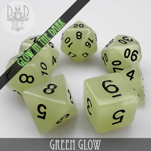Six green glow-in-the-dark D&D dice with black numbers on a white background.