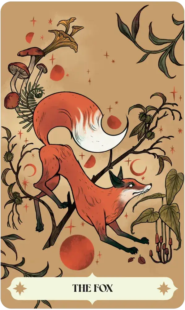 Herbana Witch Oracle card featuring a red fox with white-tipped tail, mushrooms, and crescent moons.