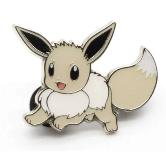 Eevee Pokémon pin showing brown, fox-like Eevee with large ears and fluffy tail on a white background.