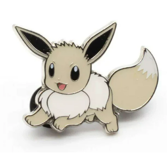 Eevee Pokémon pin showing Eevee with large ears, fluffy collar, bushy tail, and a smiling face.