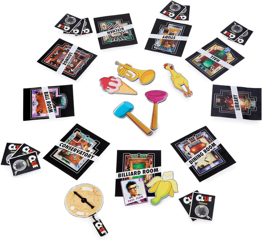 Giant Clue Classic Mystery Party cards with a trumpet and rubber chicken displayed in a circle on a white background.