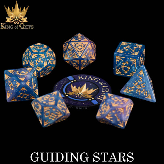 Guiding Stars 7 Dice Set with blue and gold constellation design and King of Crits logo token.