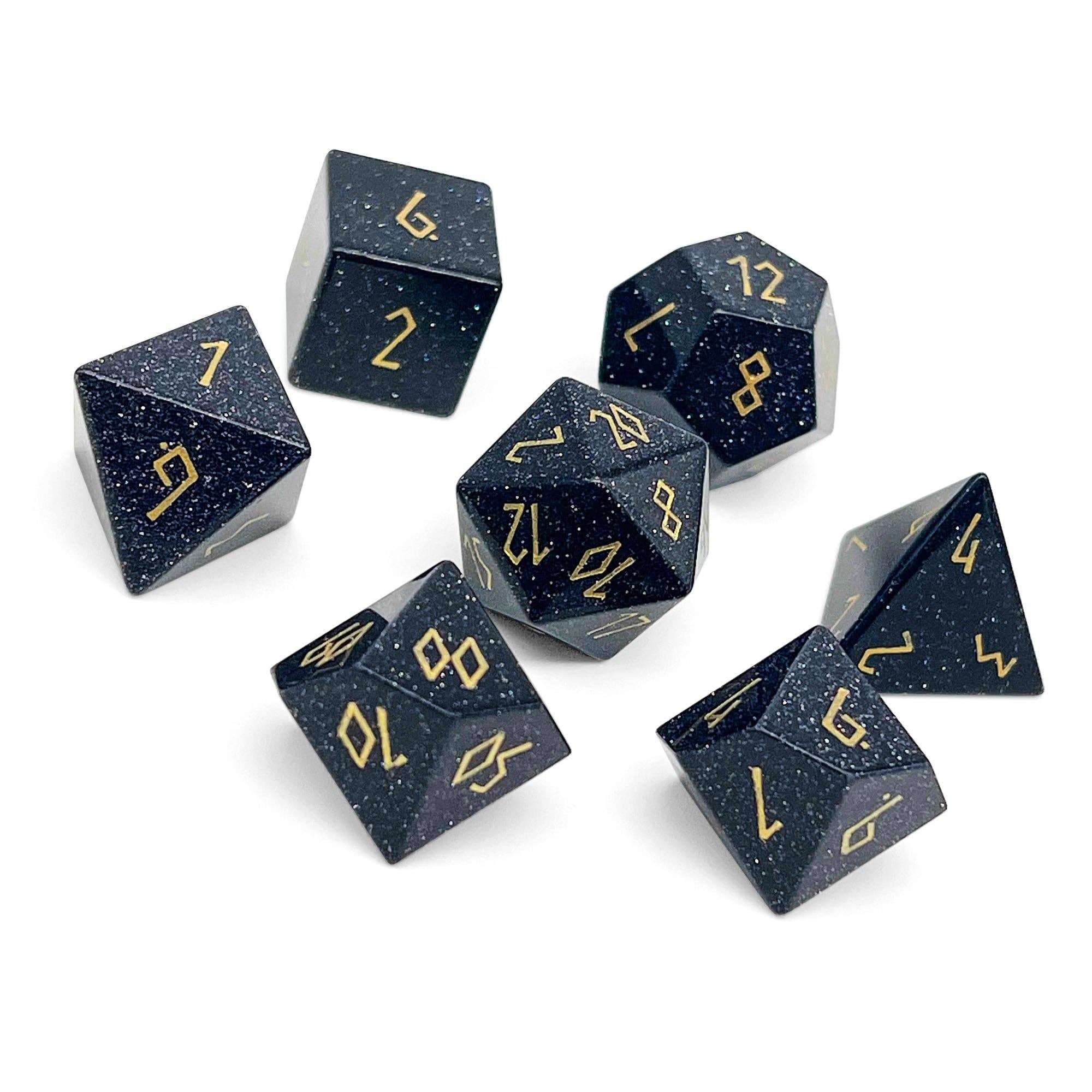 Blue Sandstone 7-piece RPG gemstone dice set with dark, glittery polyhedral dice and gold numbers.