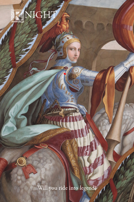 Knight 2nd Edition Arthurian roleplaying game featuring a female knight character.