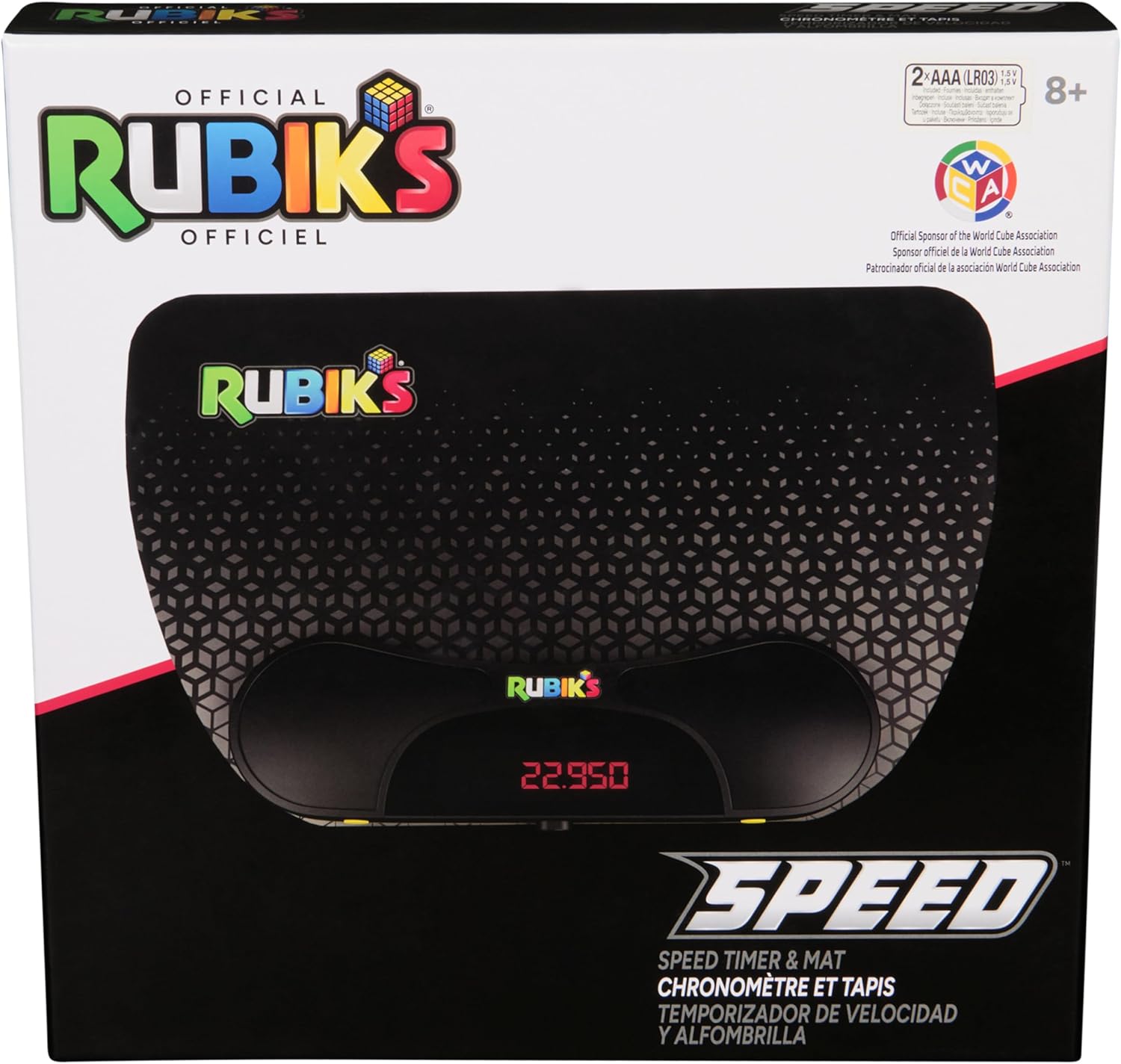 Rubiks Speed Timer and Mat set with digital timer, featuring Rubiks Cube branding, for ages 8 and up.