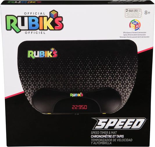 Rubiks Speed Timer and Mat set with digital timer, featuring Rubiks Cube branding, for ages 8 and up.