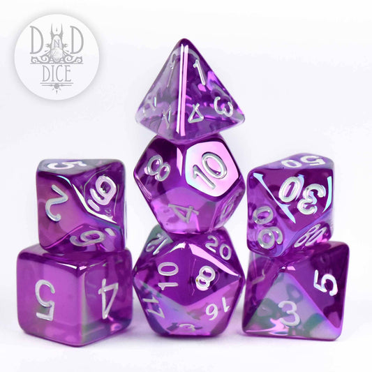 Set of seven Glamoured Purple acrylic dice with white numbers; DnD Dice logo visible.