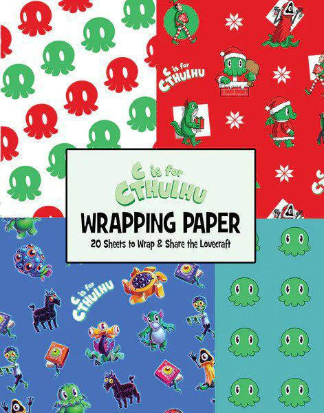 C is for Cthulhu Wrapping Paper Kit with four designs featuring cartoon Cthulhus and octopuses.