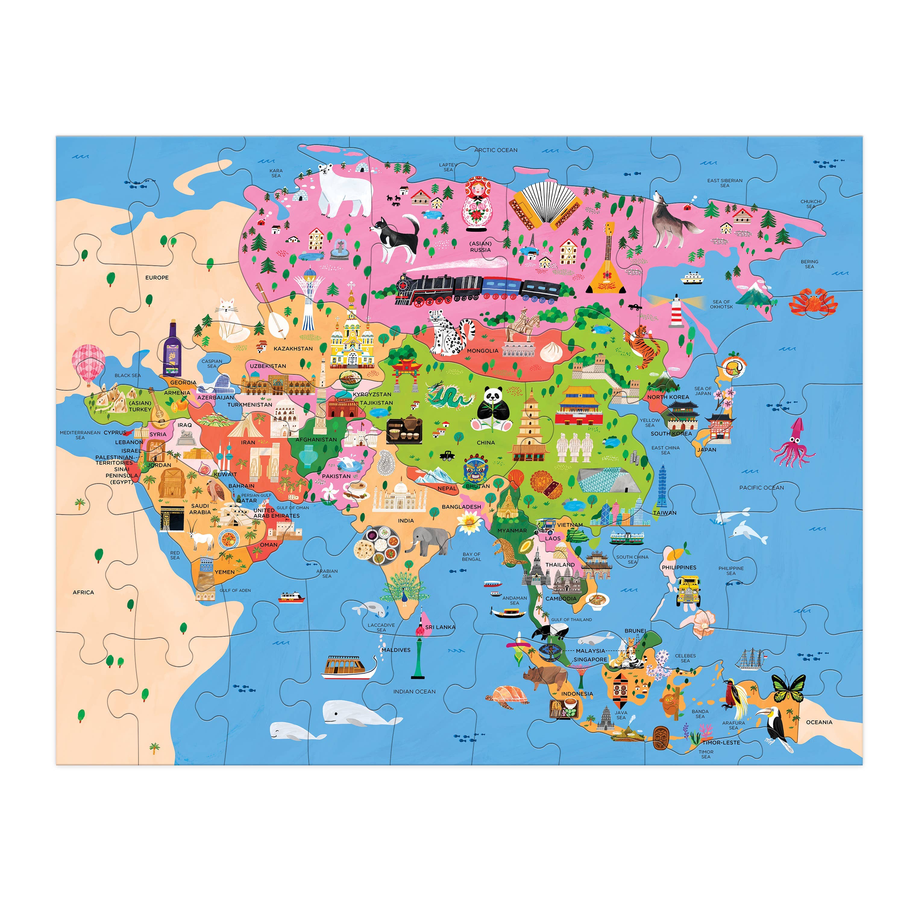 Map of Asia 70-piece puzzle featuring animals, landmarks, and country-shaped pieces for each region.
