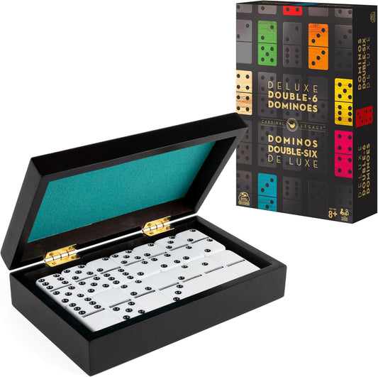 Cardinal Legacy Deluxe Double-6 Dominoes set with white tiles and a wooden case, both open and closed.