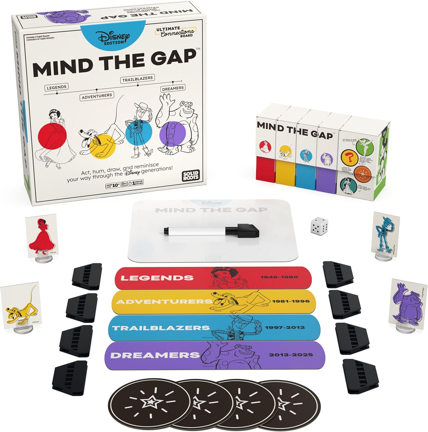 Mind the Gap Disney Edition board game with trivia cards, character tokens, and game pieces.