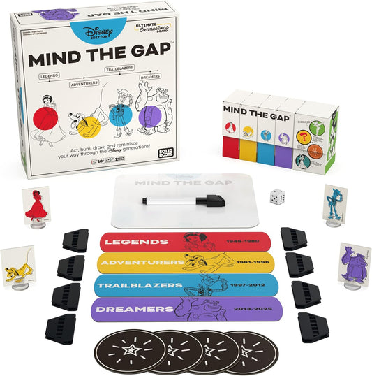 Mind the Gap Disney Edition board game with trivia cards, character tokens, and game pieces.
