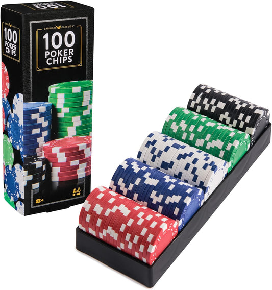 Cardinal Classics 100-piece poker chips set with plastic tray; includes red, blue, green, black, and white chips.