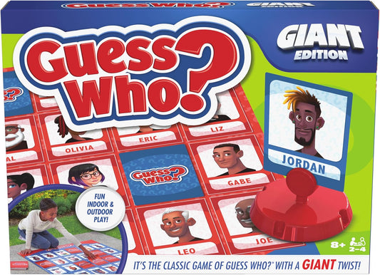 Guess Who Giant Edition Game box, character cards, red slider, and child on a large game board.
