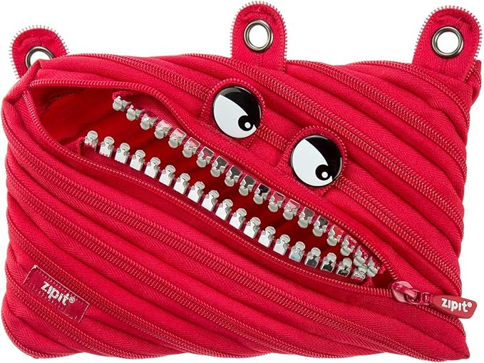 Zipit Grillz Pouch - Red, pencil case with cartoon eyes and zipper mouth, spacious design.